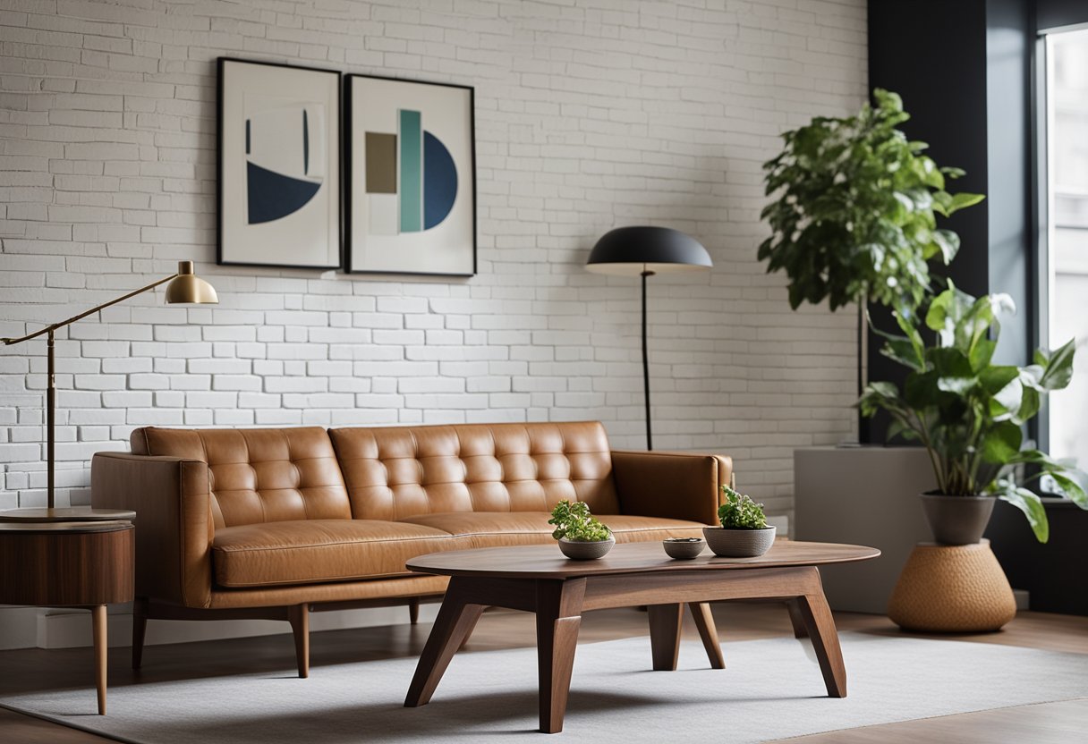 A modern living room with a mix of vintage and contemporary furniture. A vintage wooden cabinet stands against a white brick wall, while a mid-century sofa sits beside a sleek coffee table