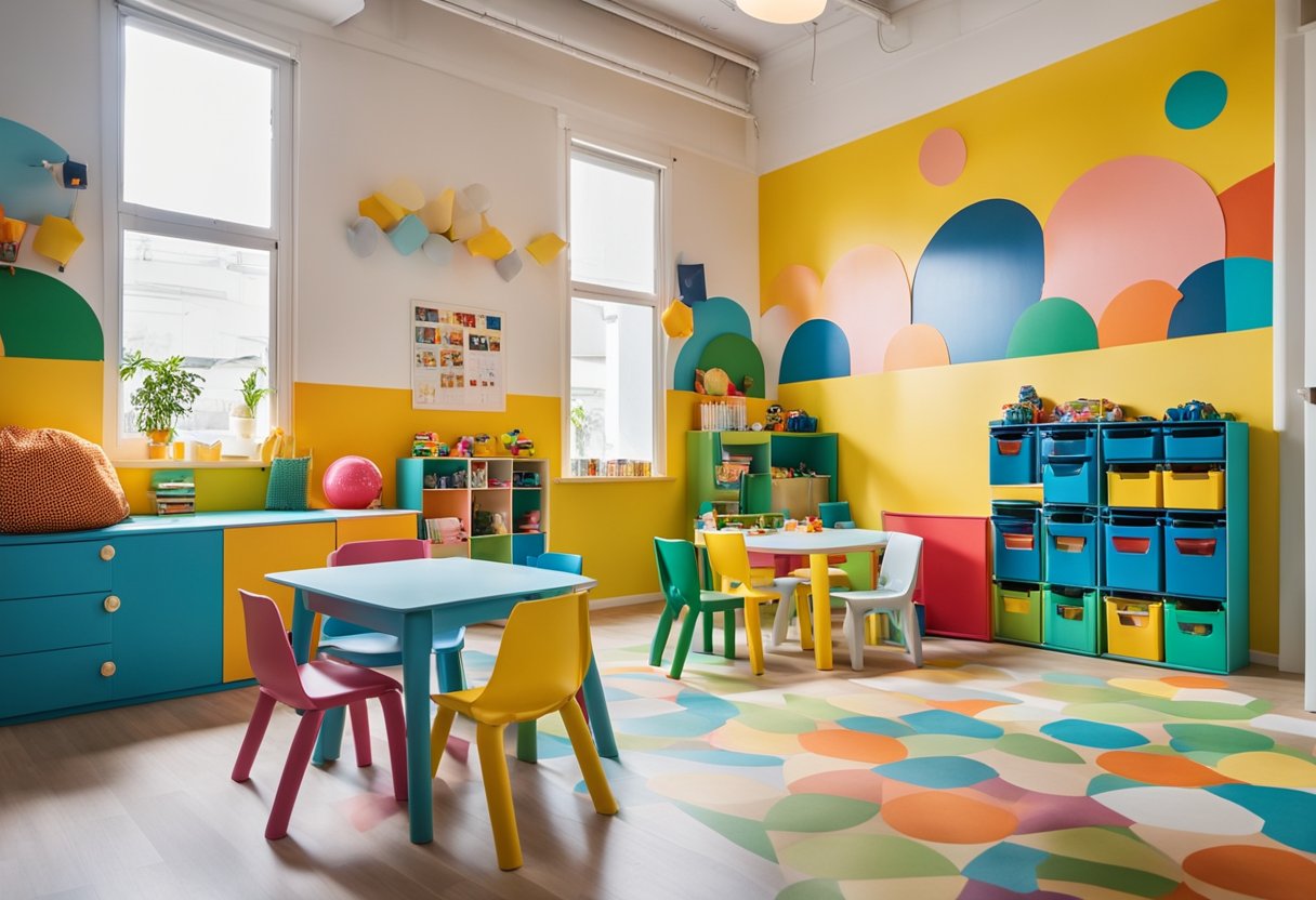 A colorful playroom with Ikea children's furniture in Singapore. Brightly painted chairs, tables, and shelves fill the space, with soft rugs and playful decor