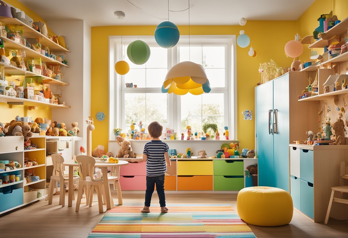 A child stands in a colorful, whimsical room filled with IKEA's range of children's furniture and toys. Bright, cheerful decor and playful designs create a fun and inviting space for little ones to explore and play