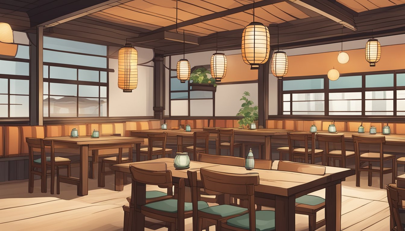 A traditional Korean restaurant with wooden tables, paper lanterns, and kimchi jars on display