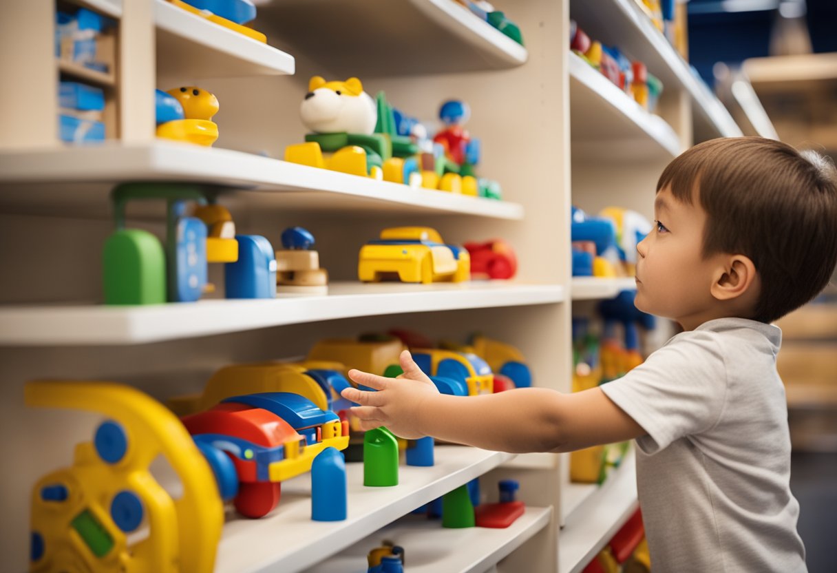 A child reaches for a low-hanging shelf, selecting a toy from a neatly organized display of children's furniture at IKEA Singapore