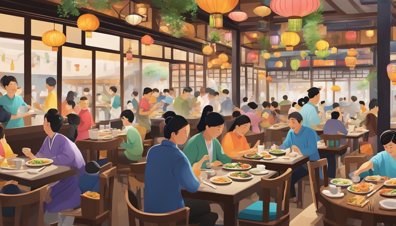 A bustling Korean restaurant with colorful decor, steaming dishes, and happy diners enjoying traditional Yun Ga cuisine