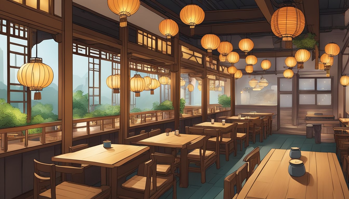 A traditional Korean restaurant, with wooden tables, paper lanterns, and a warm, inviting atmosphere. Traditional Korean artwork adorns the walls, and the smell of sizzling meats and savory spices fills the air