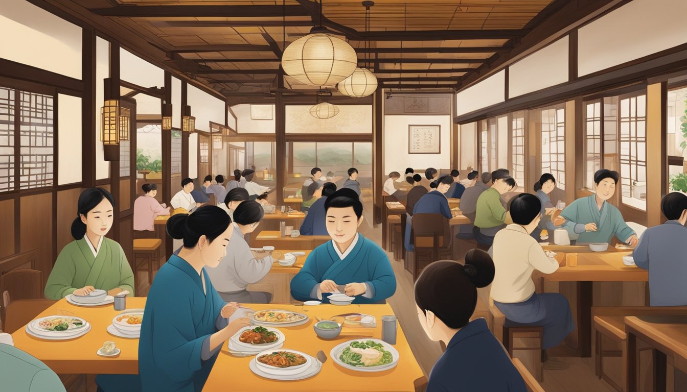A bustling traditional Korean restaurant with diners enjoying their meals, while servers move swiftly between tables. Traditional Korean decor and artwork adorn the walls, creating a warm and inviting atmosphere