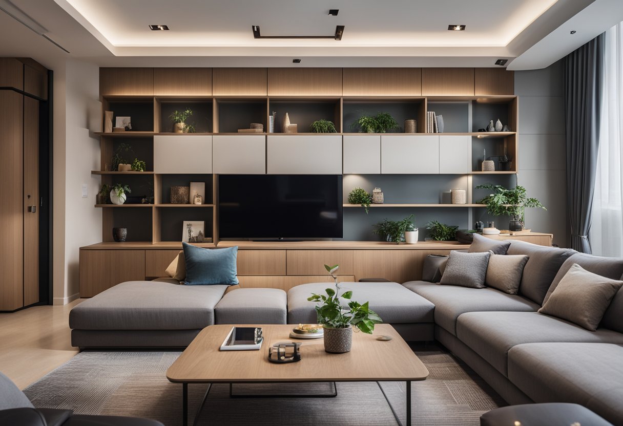 A modern living room with multifunctional furniture in a sleek Singaporean apartment. The space is well-organized and features innovative storage solutions
