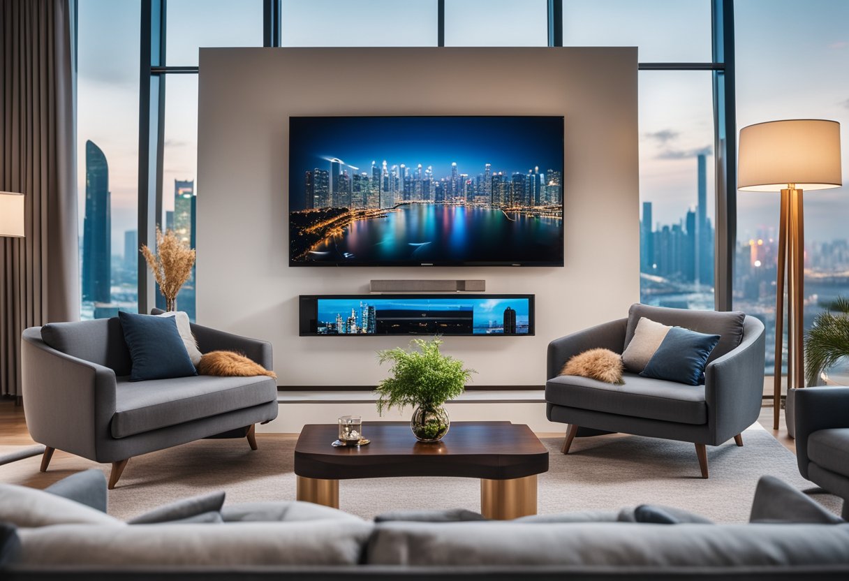 A modern living room with space-saving furniture and smart home technology, set against the backdrop of Singapore's urban skyline