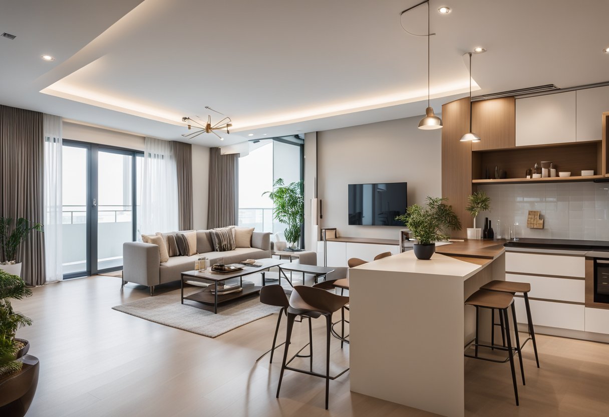 A spacious 4-room BTO flat with modern renovation. Clean lines, neutral colors, and minimalist furniture. Bright natural light fills the open living area