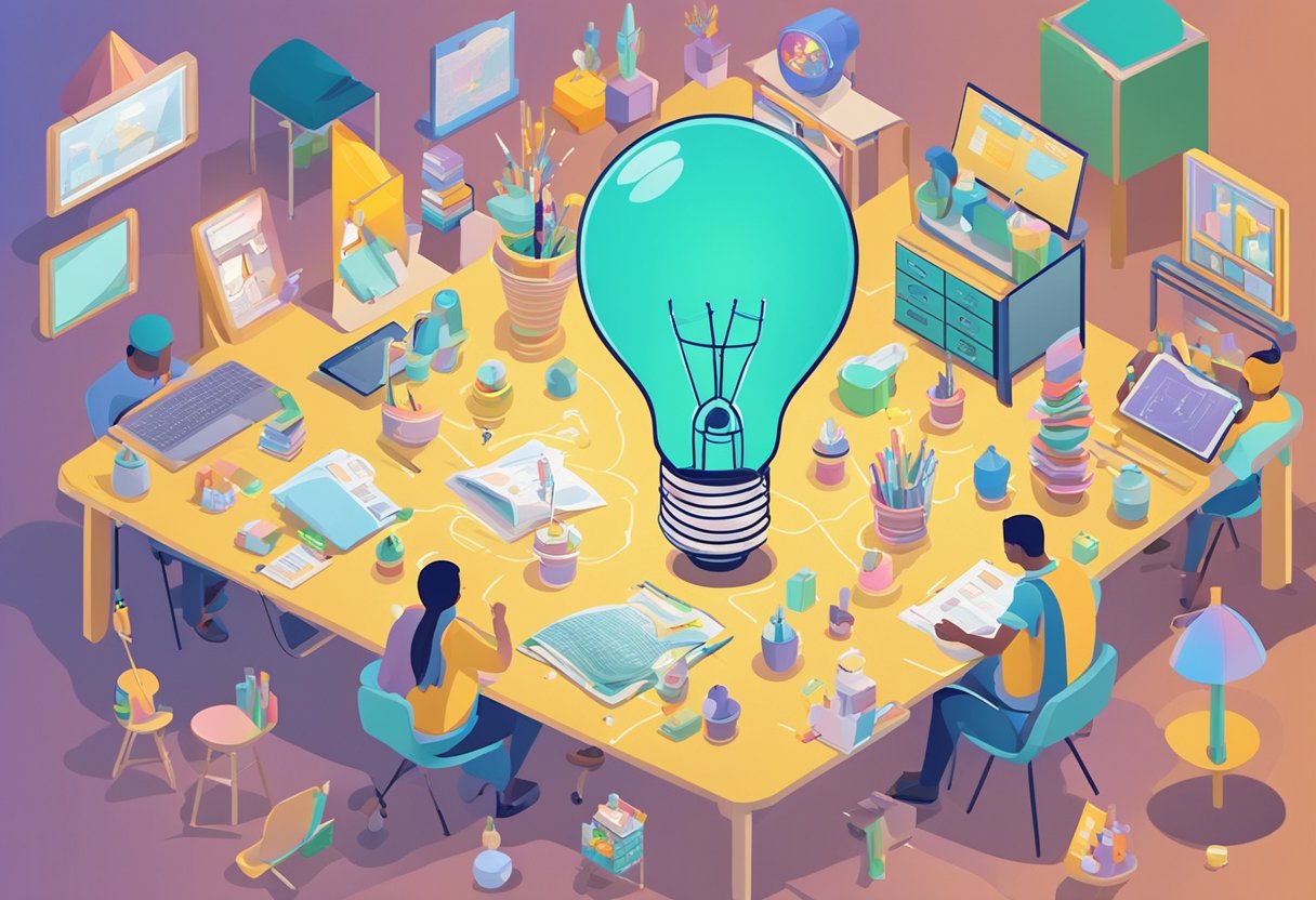 A colorful brainstorming session with various baby-related objects and name lists scattered on a table. A lightbulb symbolizing a great idea hovers above the scene