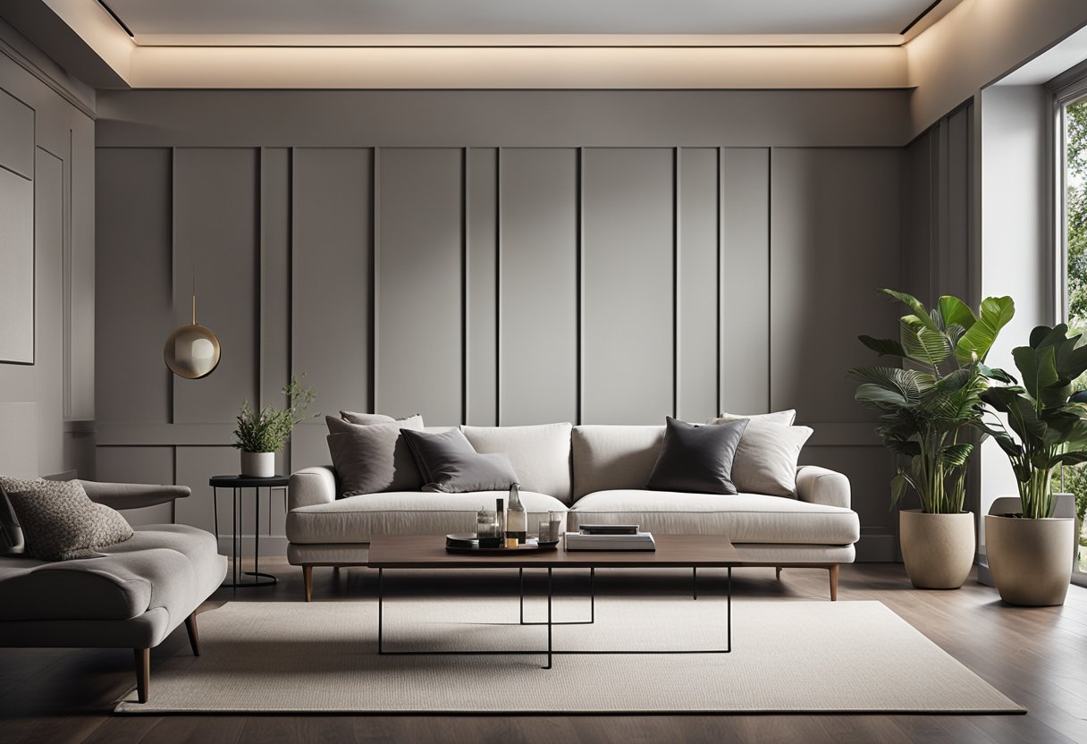 A sleek, modern sofa sits in a spacious, well-lit living room. The room is adorned with minimalist decor and elegant accents, creating a comfortable yet sophisticated atmosphere