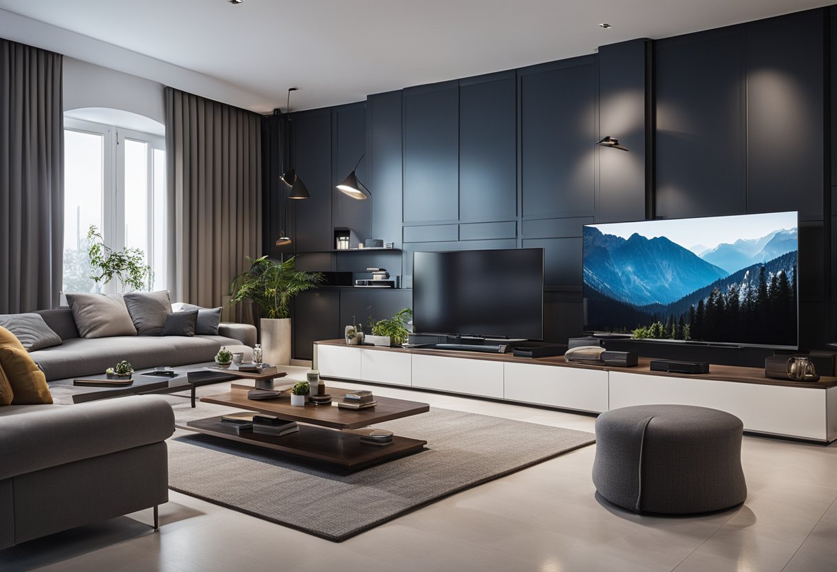A modern living room with sleek, space-saving furniture and smart technology integrated throughout