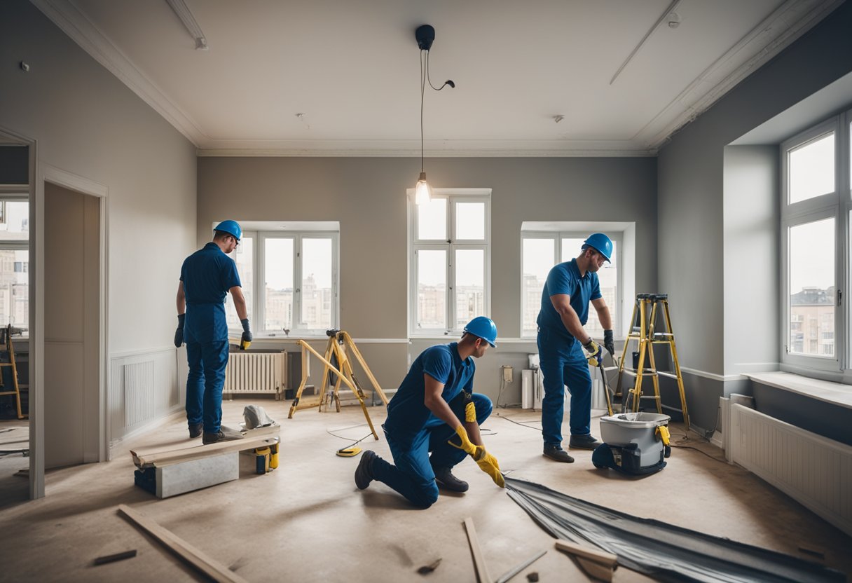 A team of workers renovate a 4-room BTO apartment, installing new fixtures and painting the walls, while others assemble furniture and lay down flooring