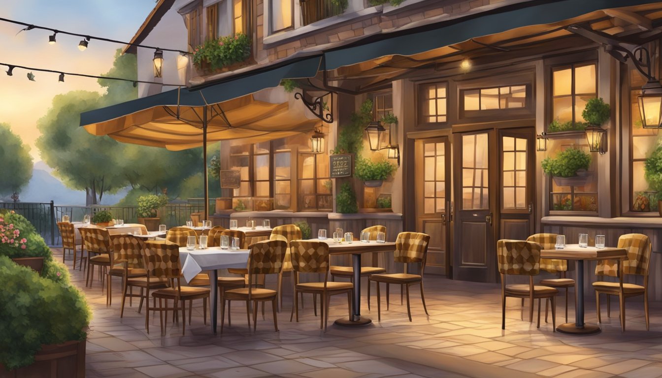 The cozy al borgo restaurant features rustic decor, checkered tablecloths, and a charming outdoor patio