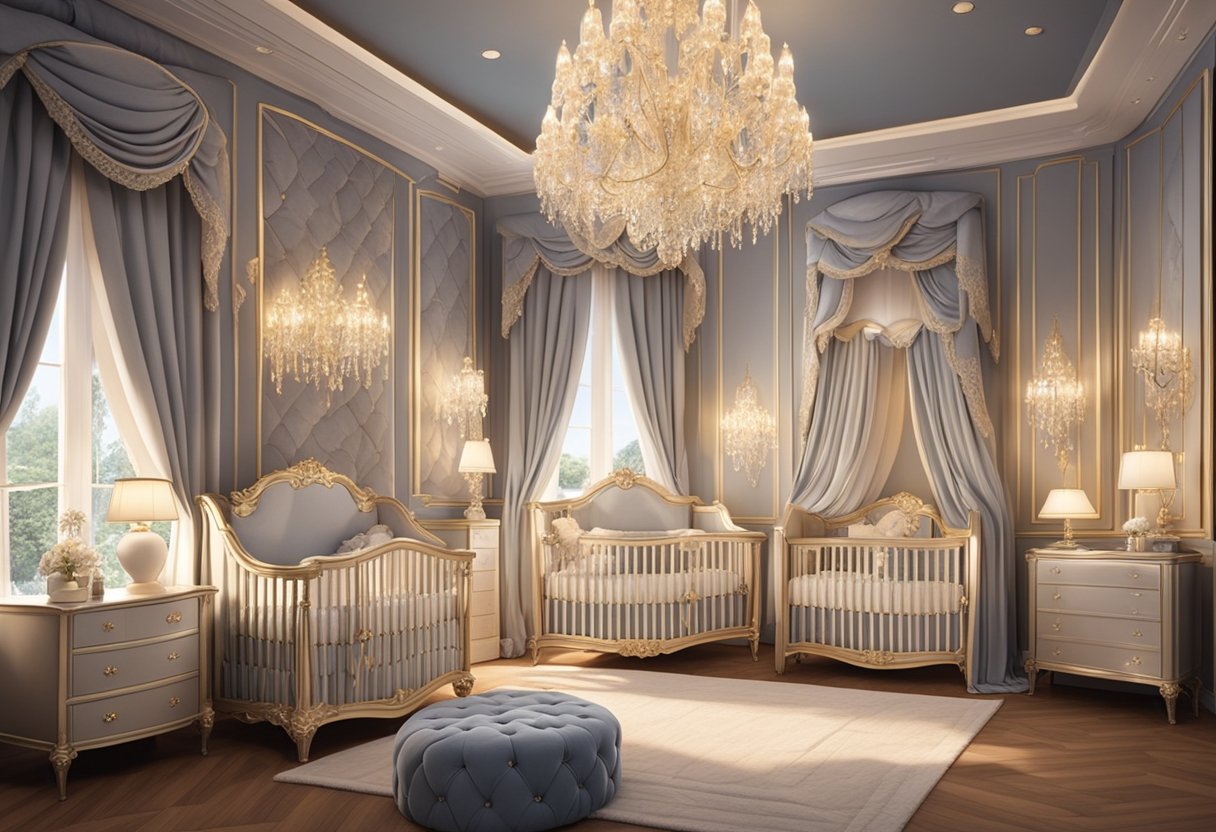 A luxurious nursery adorned with elegant, ornate cribs and plush, regal bedding fit for a princess. Sparkling chandeliers cast a warm glow over the room, while delicate lace curtains frame the windows