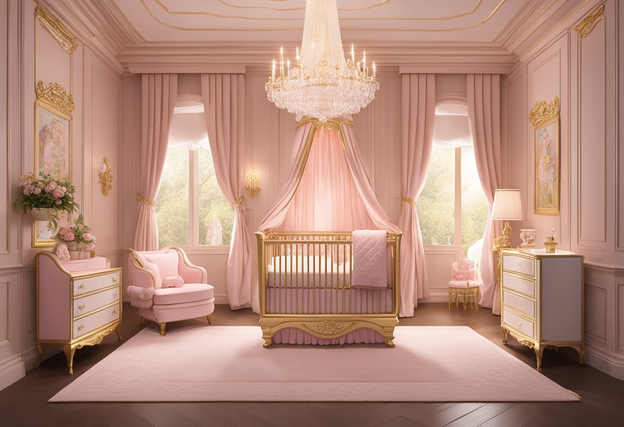 A luxurious nursery with ornate furniture, soft pink and gold accents, and a crystal chandelier. A name plaque reading "Isabella" hangs above the crib