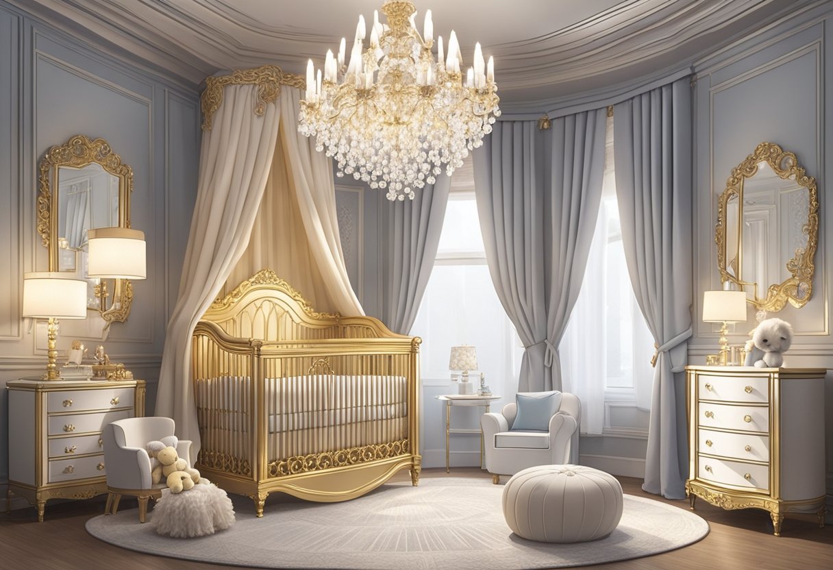 A luxurious nursery with a crystal chandelier, silk drapes, and a golden crib adorned with plush toys and frilly blankets