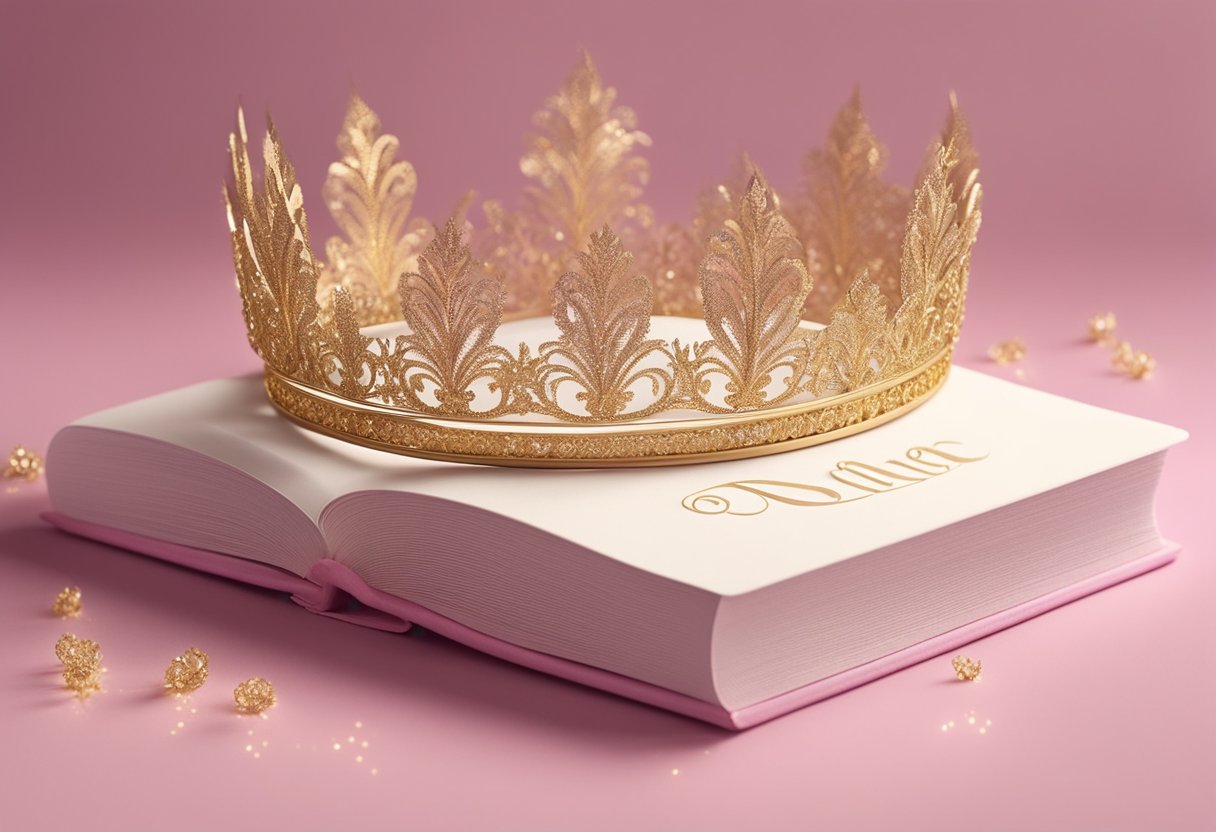 A sparkling tiara rests on a bed of fluffy pink feathers, surrounded by a collection of elegant, gold-embossed baby name books