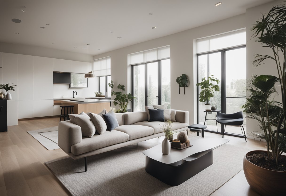 A modern, minimalist living room with sleek furniture and a neutral color palette. Clean lines and open spaces create a sense of calm and sophistication
