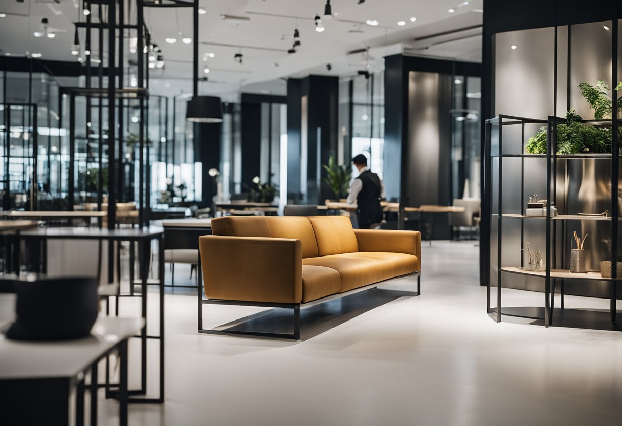 A person browsing through sleek steel furniture in a modern Singapore showroom