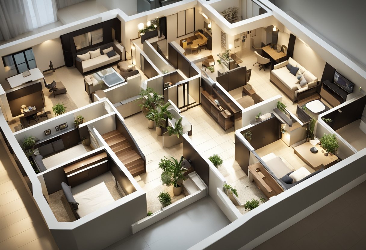 A floor plan of a 5-room HDB flat with labeled renovation areas and furniture placement