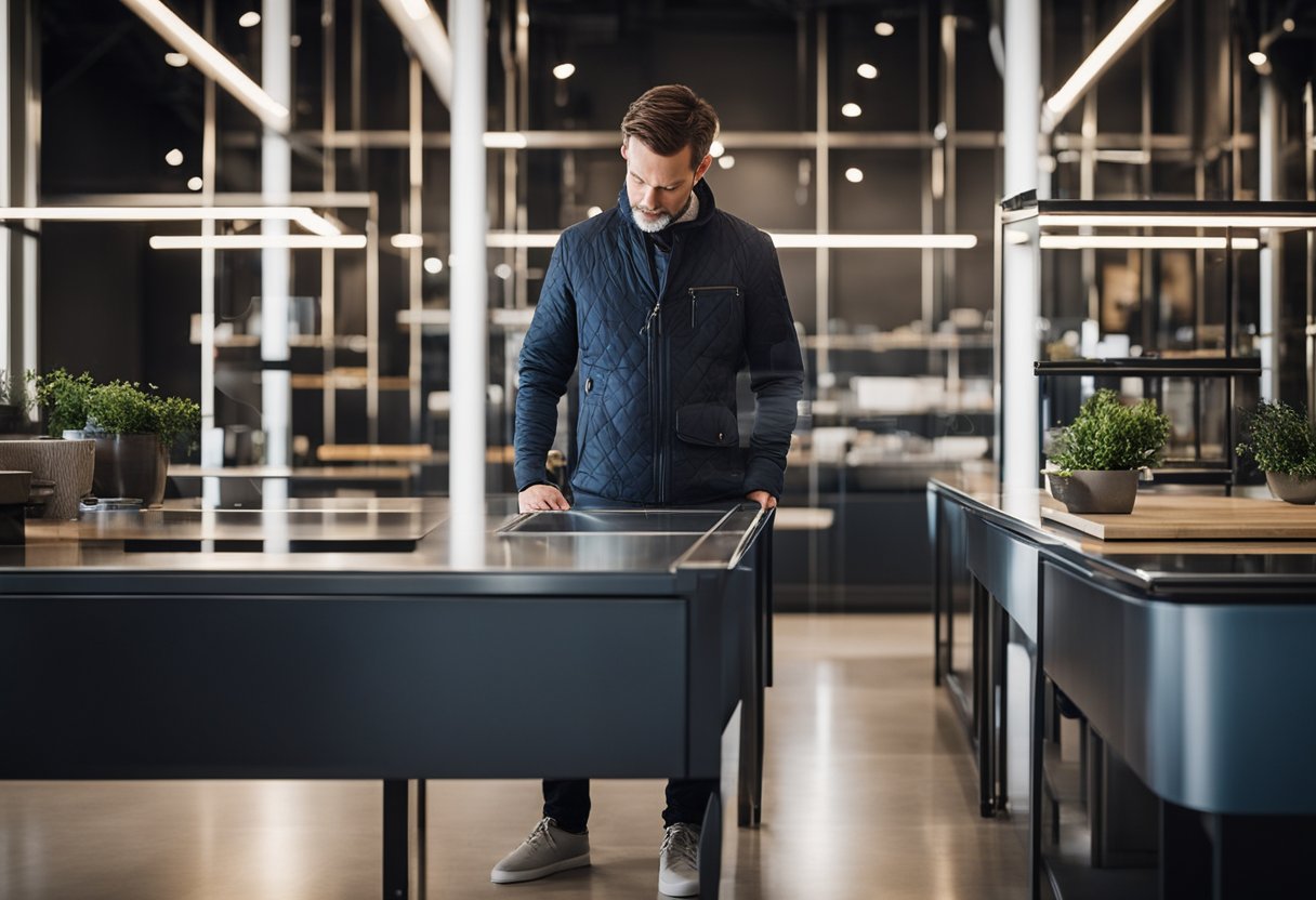 A customer carefully examines the sleek lines and sturdy construction of steel furnishings in a showroom