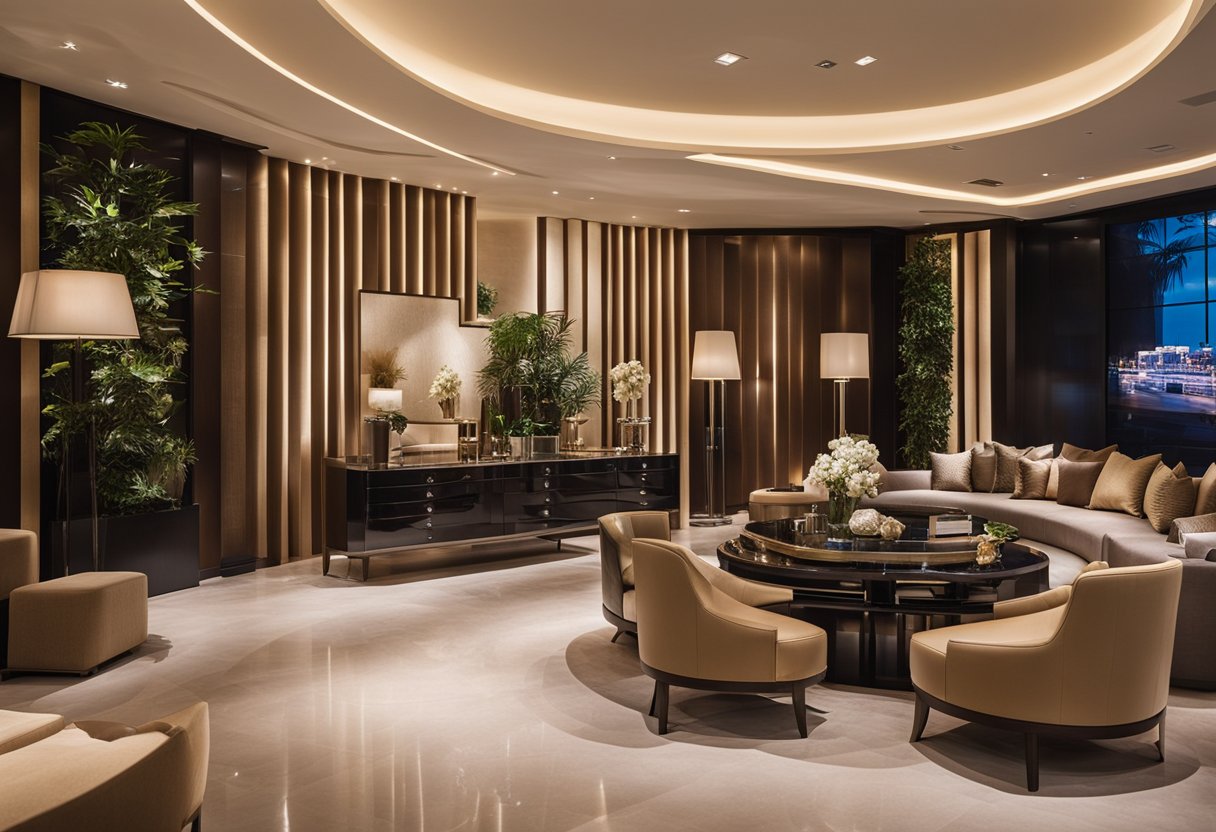 A modern showroom with sleek furniture displays and ambient lighting at Wynn Furniture Singapore