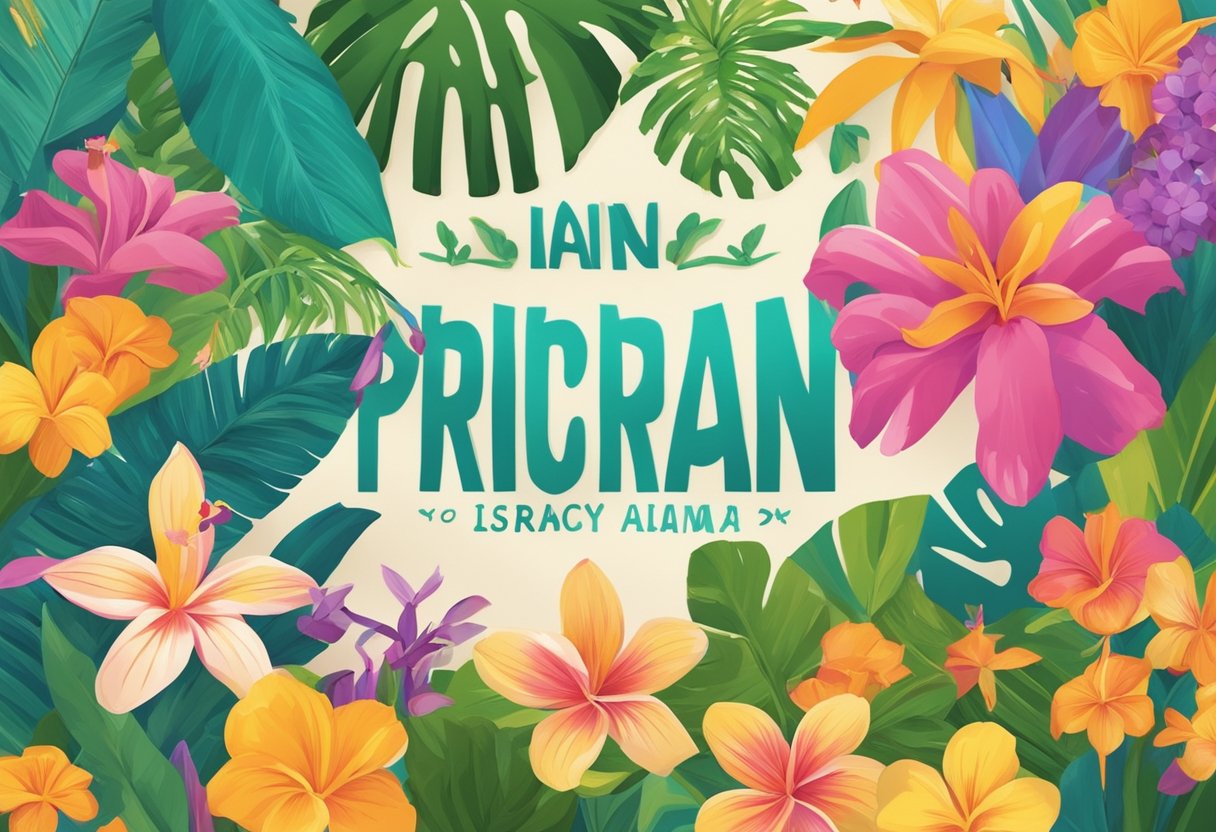 A colorful array of Puerto Rican baby girl names displayed on a vibrant background, surrounded by tropical flowers and symbols of the island's culture