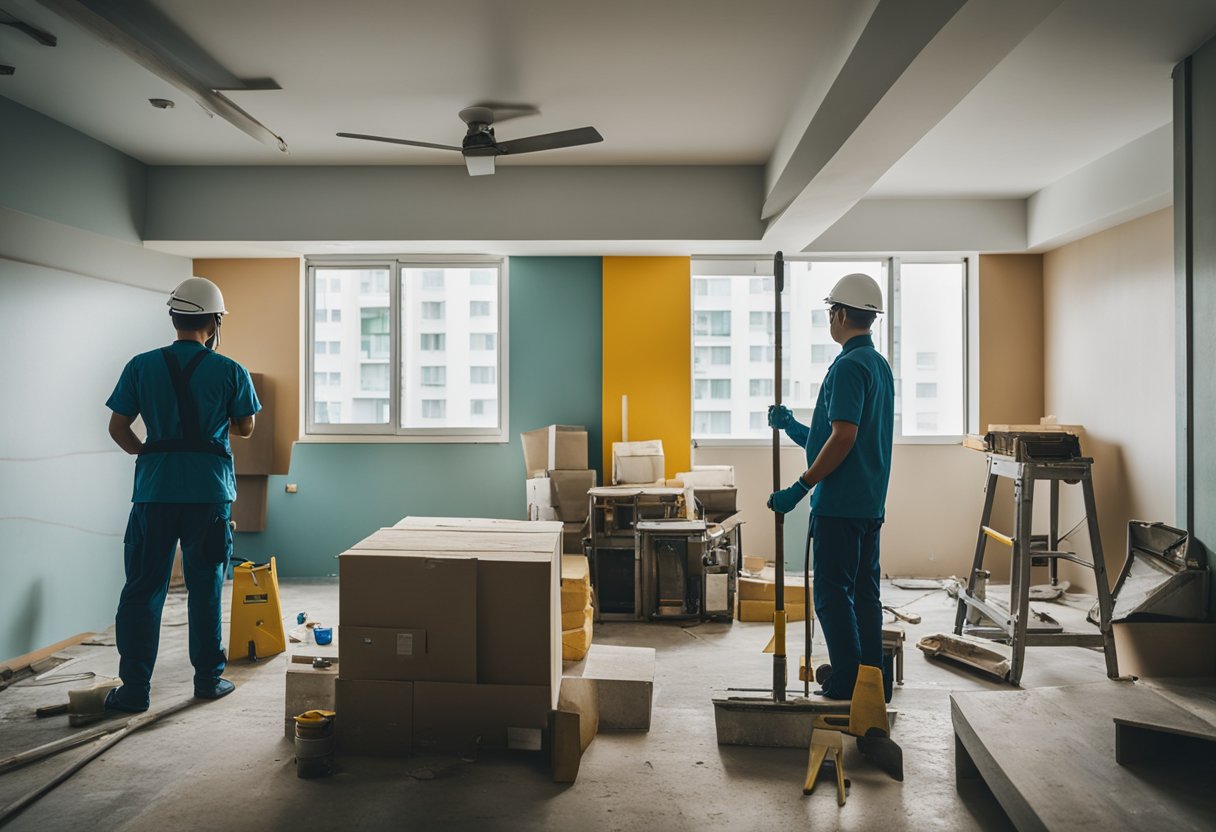 A team of workers renovates a 5i HDB apartment, painting walls and installing new fixtures