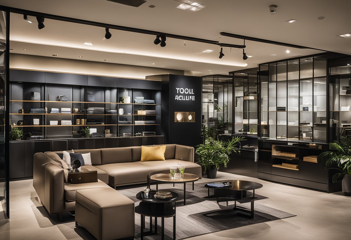 A sleek, modern steel furniture showroom in Singapore with various pieces on display and a sign reading "Frequently Asked Questions."