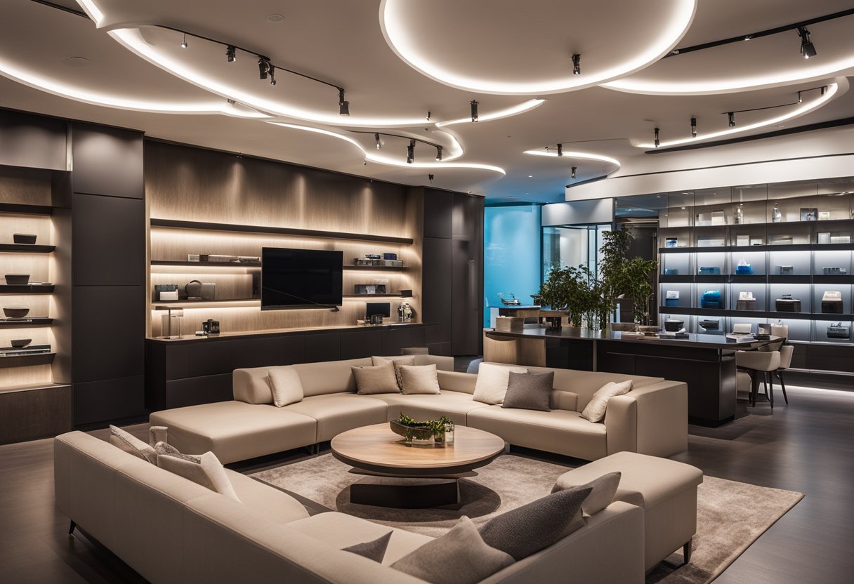 A modern showroom with sleek furniture displays and ambient lighting. Brand logos and product tags are prominently displayed