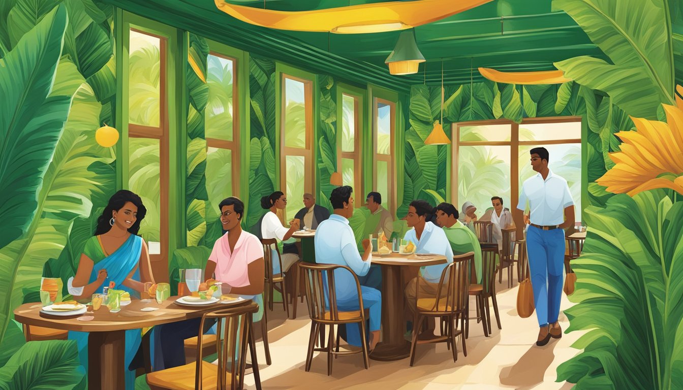 Customers entering Banana Leaf Apolo restaurant, with vibrant green banana leaves adorning the walls and tables set with colorful South Indian dishes