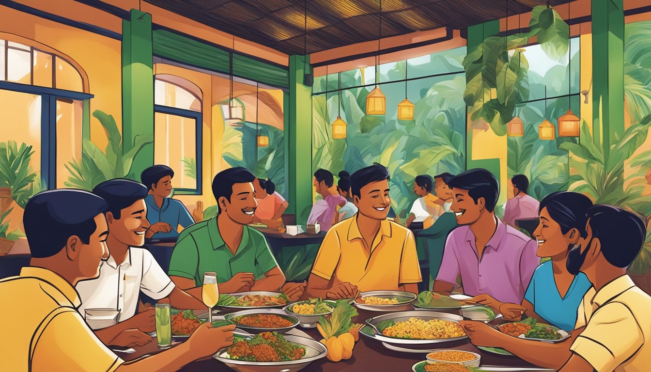 Customers enjoying a variety of traditional Indian dishes at The Banana Leaf Apolo restaurant in Singapore. The vibrant colors and aromatic spices create a lively and inviting atmosphere