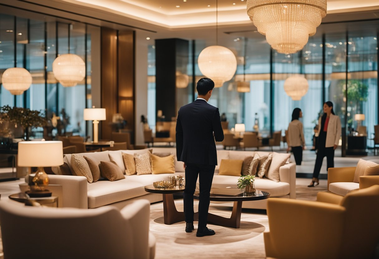A customer browsing furniture at Wynn Singapore, interacting with staff and exploring various pieces in a well-lit, spacious showroom