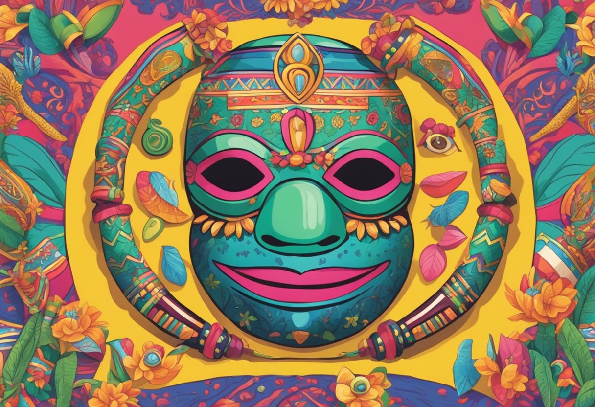 A colorful array of traditional Puerto Rican symbols and elements, such as the coqui frog, vejigante mask, and plena drum, surround the words "Puerto Rican Baby Girl Names" in bold, vibrant lettering