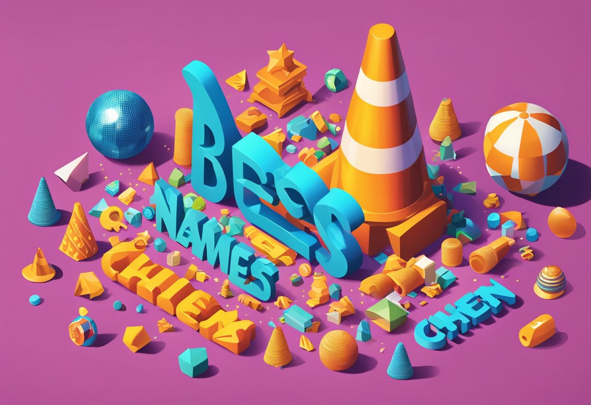 Colorful, playful font spells out "Best Names" above a pile of absurd objects like a rubber chicken, a disco ball, and a traffic cone