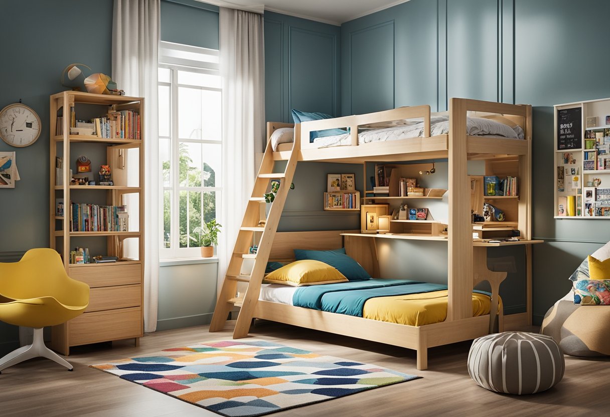 A cozy kids' bedroom in Singapore with a colorful bunk bed, a study desk, a bookshelf, and a playful rug