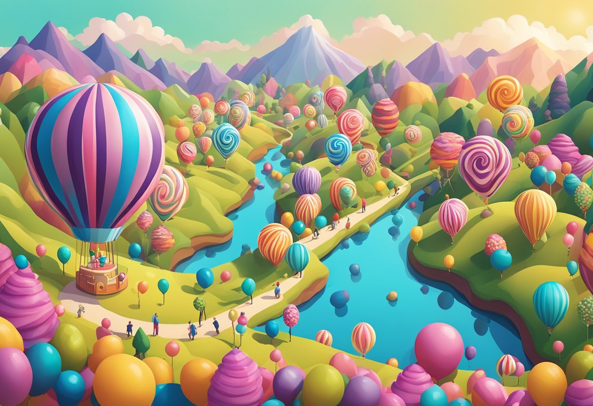 A parade of colorful balloons floats above a whimsical landscape of candy mountains and swirling lollipop trees