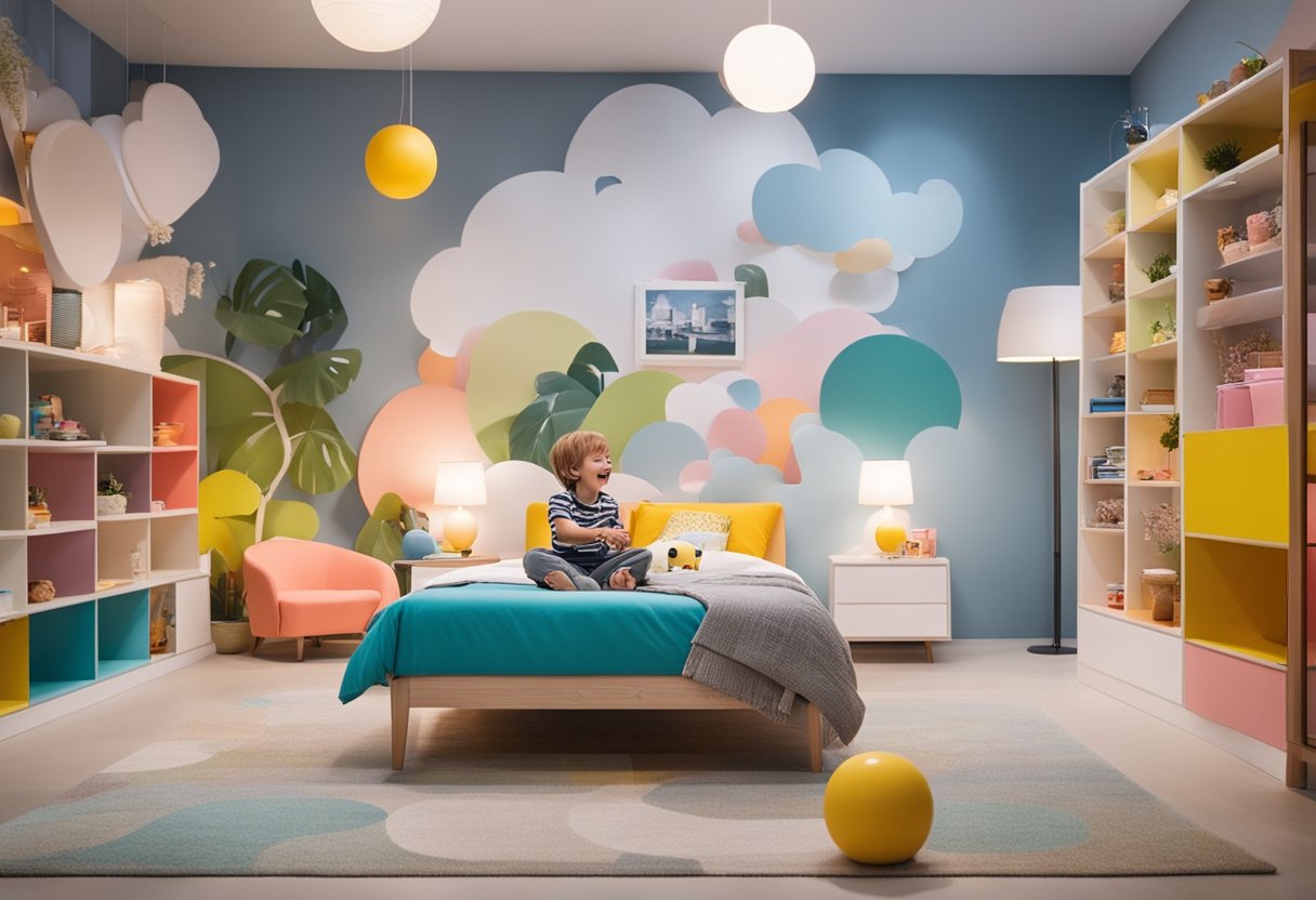 A child happily chooses a colorful bed and desk from a variety of options in a bright and cheerful showroom