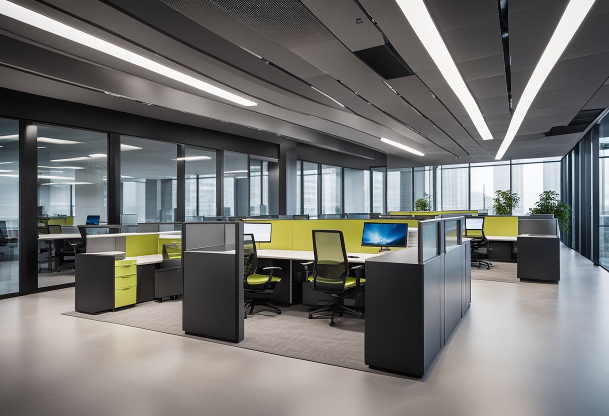 A modern office with sleek furniture, large windows, and a minimalist color scheme. The space is organized and functional, with technology integrated seamlessly throughout