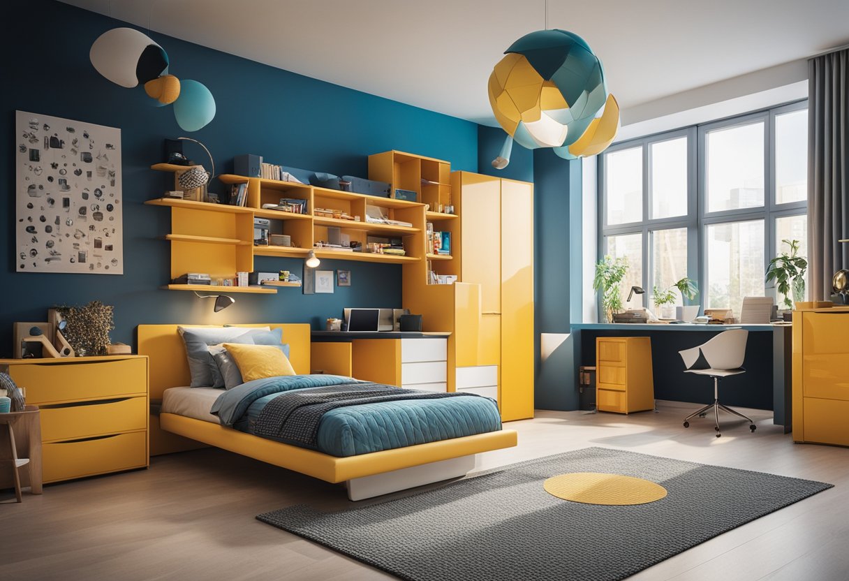 A modern kids' bedroom with space-saving furniture, sleek design, and vibrant colors