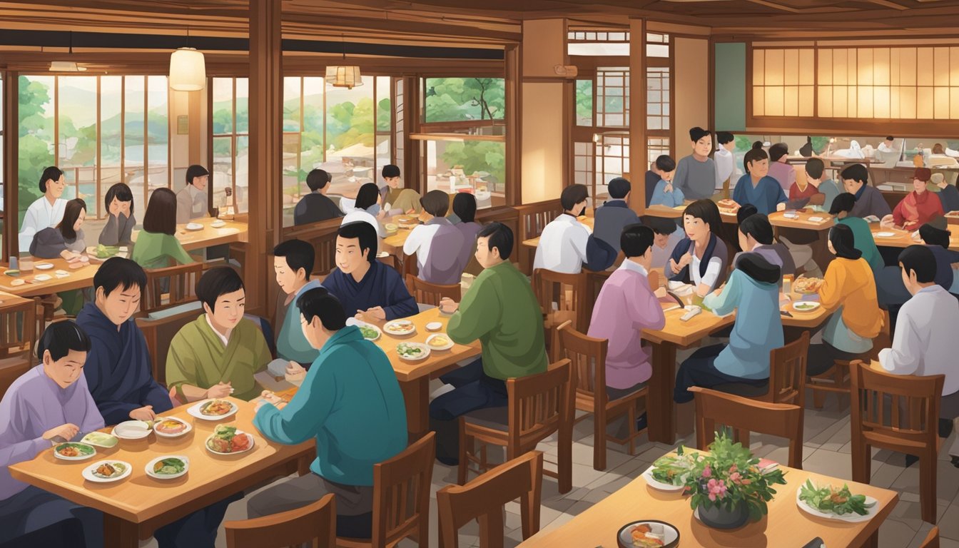 The bustling atmosphere of Botan Japanese restaurant, with tables filled with colorful dishes and patrons enjoying their meals
