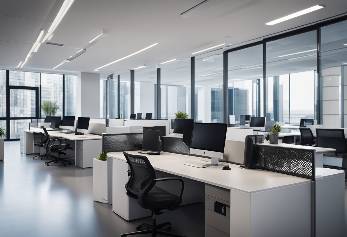 A modern office space with sleek furniture, large windows, and a minimalist color scheme. Computer monitors, desks, and ergonomic chairs are arranged in a functional layout