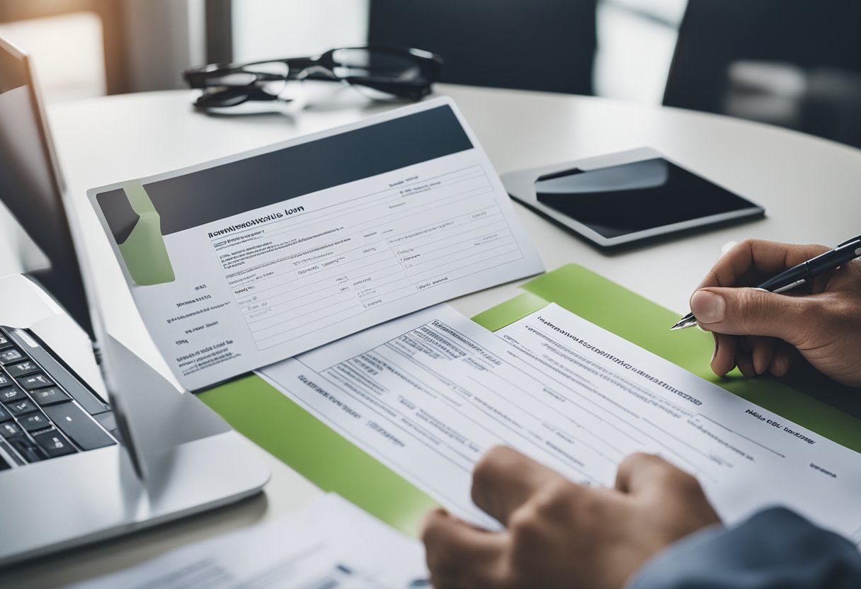 A person filling out a renovation loan application form at a desk with a laptop and documents