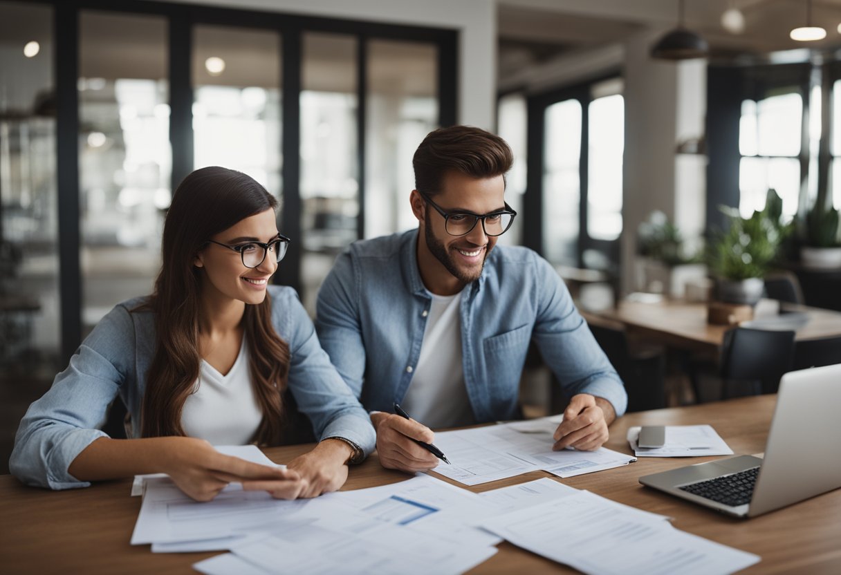 A couple sits at a table, reviewing paperwork and discussing renovation plans. A laptop and calculator are nearby, along with a stack of renovation loan application forms