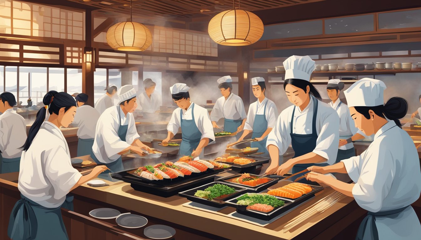 A bustling Japanese restaurant, with chefs expertly preparing sushi and sizzling teppanyaki, while the aroma of sizzling tempura fills the air