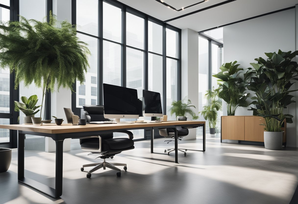 A modern, spacious office with sleek furniture, large windows, and a minimalist color scheme. A glass desk with a high-back chair sits in the center, surrounded by plants and abstract art