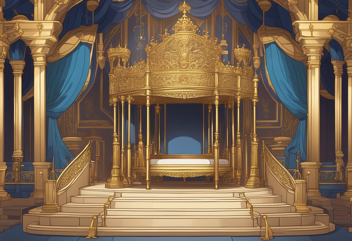 A grand throne room filled with ornate decorations, regal banners, and a golden cradle adorned with the words "Best Names baby names royal."