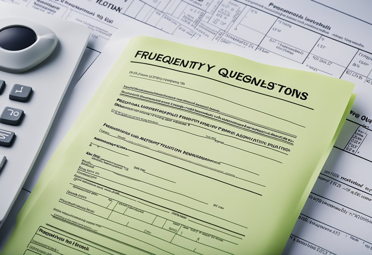 A stack of papers with "Frequently Asked Questions" and "Renovation Loan" printed on them, surrounded by a computer, calculator, and pen