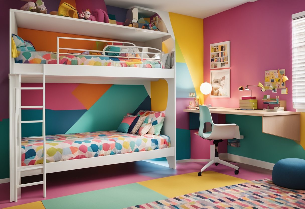 A colorful kids bedroom with bunk beds, a study desk, and storage shelves. Brightly painted walls and playful decor create a fun and inviting space
