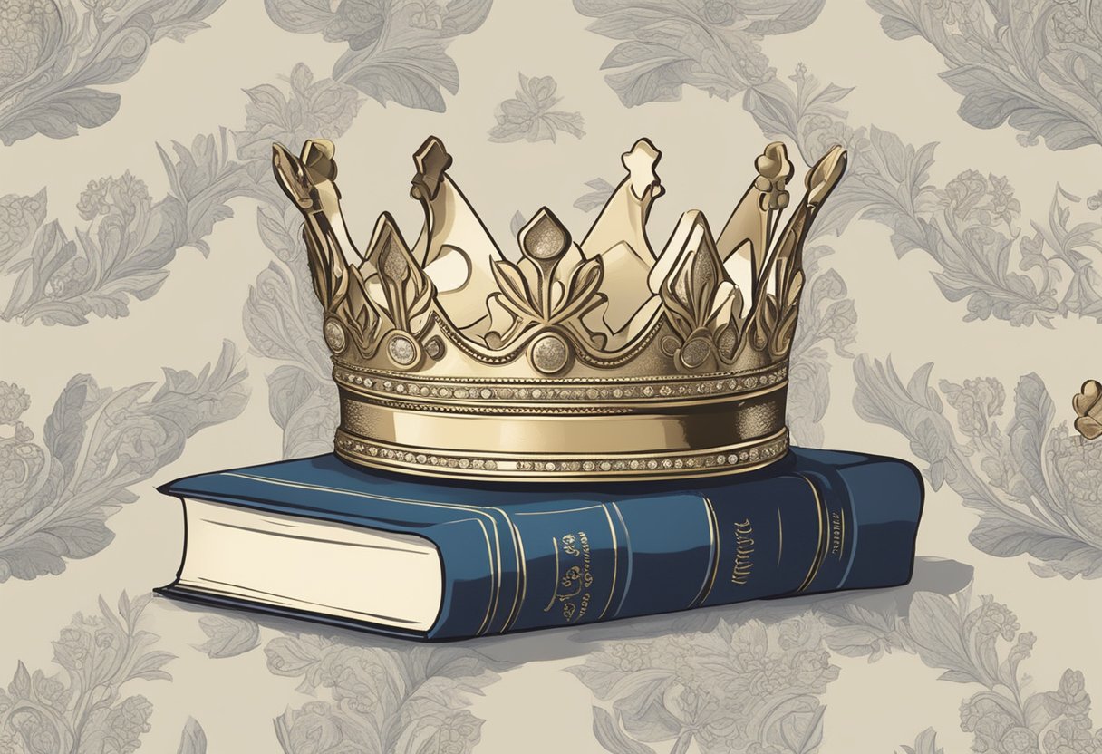 A regal crown sits atop a stack of baby name books, surrounded by elegant script and luxurious fabrics