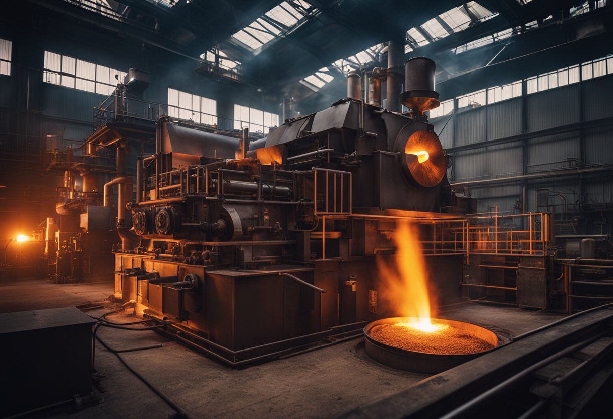 A roaring rolling mill furnace glows red-hot, casting a warm, flickering light across the industrial space. Flames dance and metal glows as the furnace works its magic